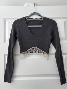 NEVER WORN! Charcoal V-Neck Cropped Sweater with Rhinestone Fringe